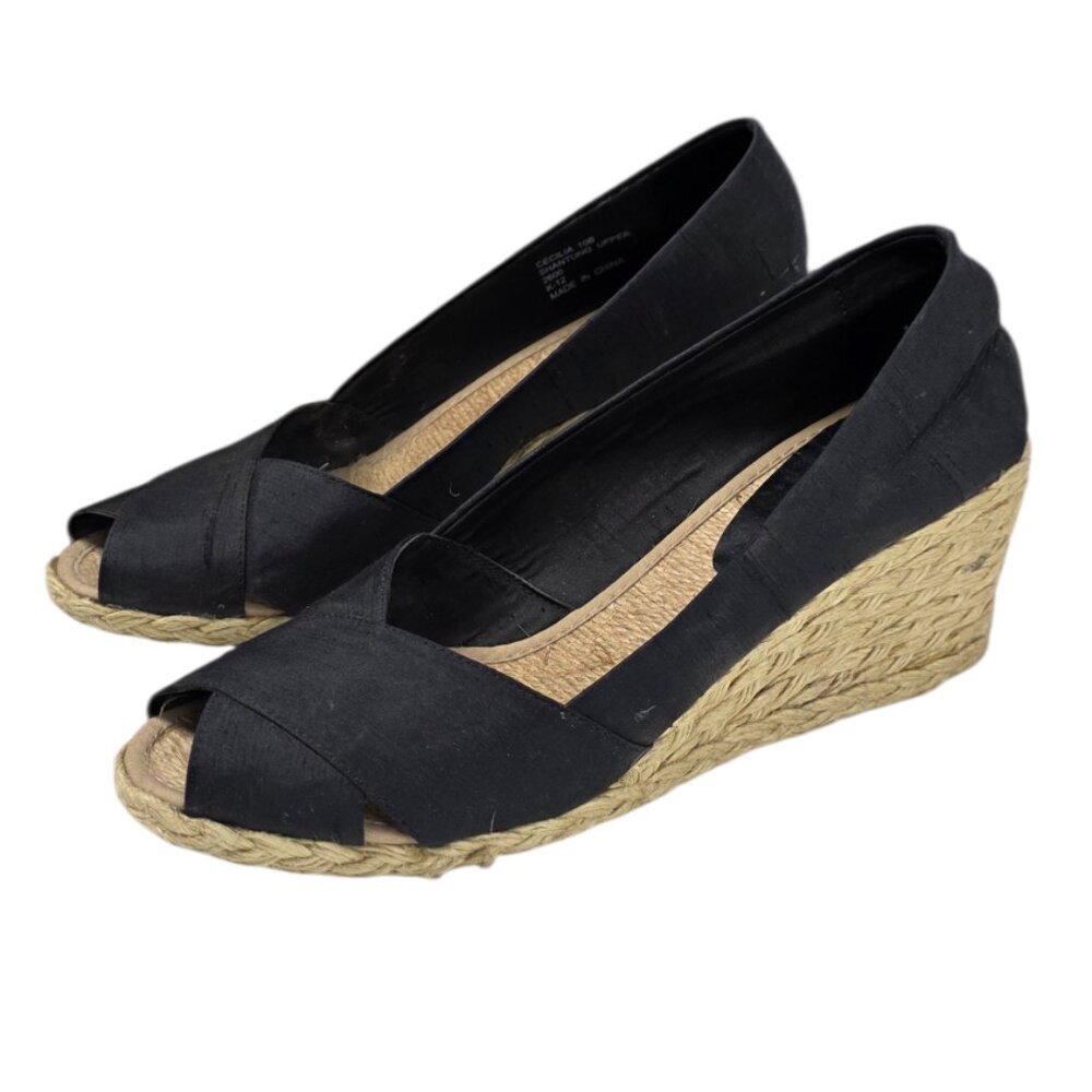 Ralph Lauren Cecilia Shantung Wedges, Black, Open Toe, Summer, Vacation Sz 10